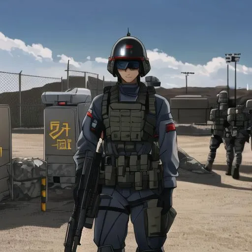 Prompt: Fading suns hawkhood male soldier He wears a full helmet. He helds a rifle. In background a military checkpoint. Scifi soldiers. Technofantasy. RPG art. Fading suns art. Scifi art. japanese soldier. Japanese helmet m35. 2d. 2d art.