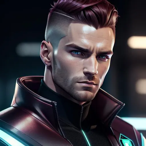 Prompt: perfect composition, {30 year old}, lean {irish man}, wearing futuristic {tech shirt and future tech noble's coat}, {coat of arms on clothes}, {buzz cut dark redhead}, extra masculine, peak fitness, determined expression, looking at viewer, 8k eyes, detailed face, wlop, stanley artgerm lau, artstation, hd, octane render, hyperrealism intricate details, 8k, cinematic volumetric light, proportional, art trending on artstation, sharp focus, studio photo, intricate details, highly detailed, intricate artwork masterpiece, ominous, intricate, epic, trending on artstation, highly detailed, vibrant, production cinematic character render, ultra high quality model, 