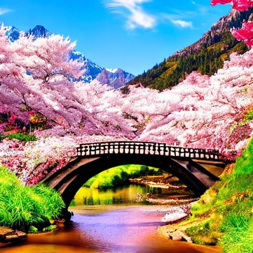 Prompt: anime style, sakura, spring, bright, red gate, serene, bridge, beautiful sparkling stream, mountain background, pure blue sky, gorgeous landscape, 1920x1080, hd