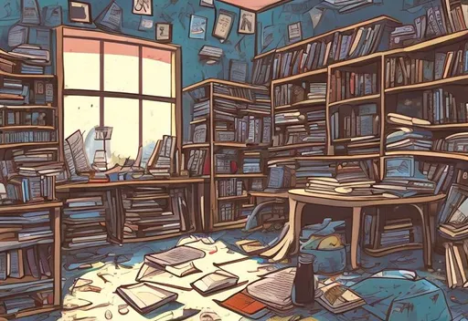 Prompt:  Lofi art style study room messy many books

