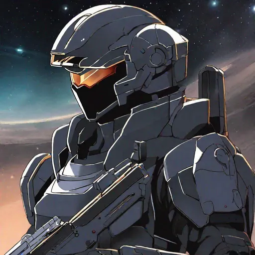 Prompt: A zeon soldier from Gundam 0079. He wields a rifle. black armor. dark grey details. Helmet on head. In background the space. Tominon art. Anime art. 2d art. 2d.