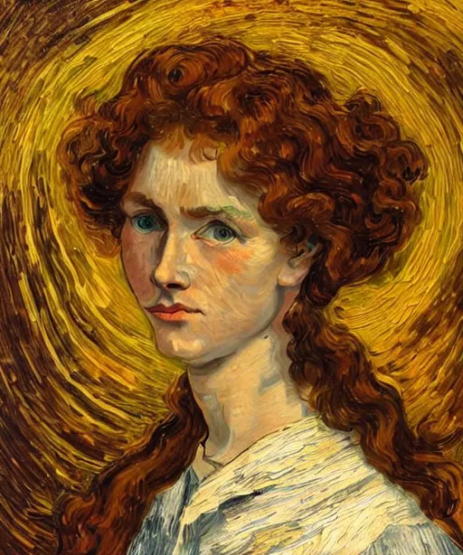 Prompt: Oil painting by Vincent VanGogh portrait of a young beautiful woman with curly auburn hair, deep dramatic textural brush strokes creating face, starry night swirls I'm background, award-winning cgi, rendered in maya 
