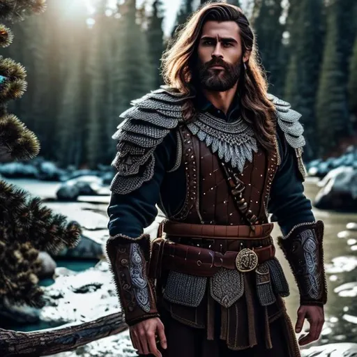 Prompt: Very Handsome Man/Gigachad with trimmed beared, flannel shirt Detailed eyes, beanie,  Brown Hair, Very Muscular, In very detailed silver armor (( 8k)) Full Body, Warrior, at Night, hyperrealism, clear quality, detailed pine tree forest background with flowing river ((full body))