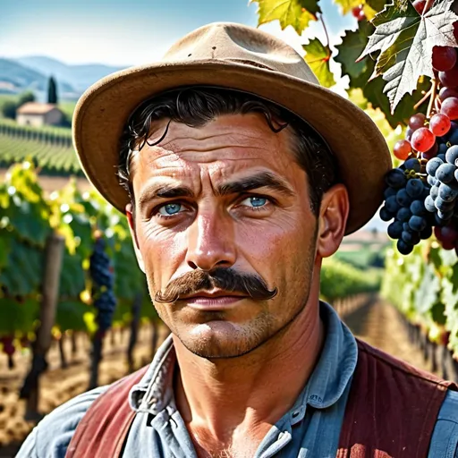 Prompt: realistic portrait of a 30 year old male italian farmhand, labourer, tough,  sun tanned skin, 1940s, mustache, icy blue eyes, muscular, occult interest, vineyard background, natural lighting,