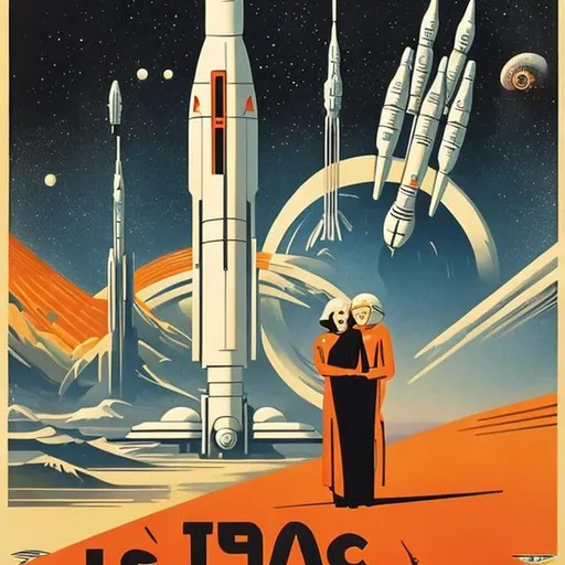 Prompt: Art Deco poster art of a science fiction landscape with a man and a woman cosmonaut on foreground, a spaceship taking off to space on background in the style of russian futurism