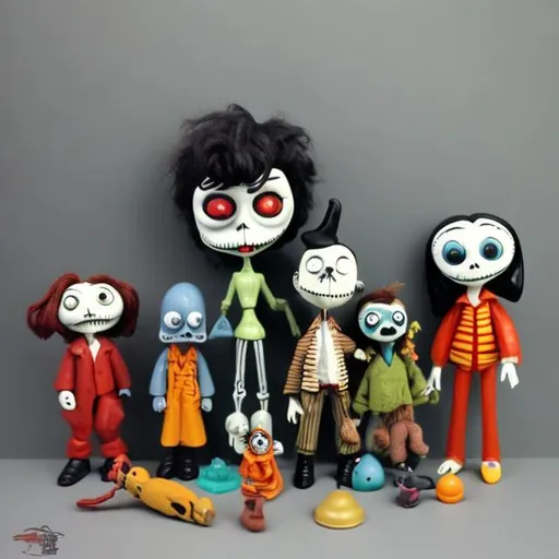 Prompt: Vintage toys in the style of Tim Burton 