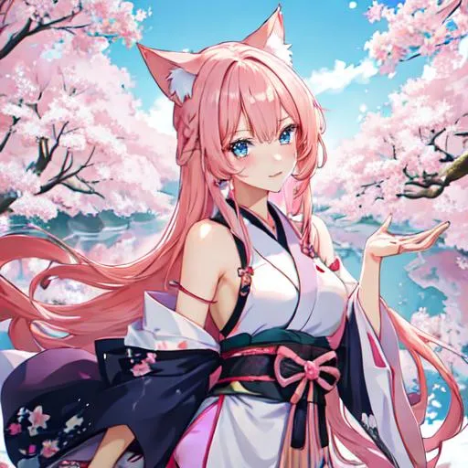 Prompt: Japan as a female human, 8k, UHD,  highly detailed, pink hair, blue eyes, cat ears, wearing a casual outfit