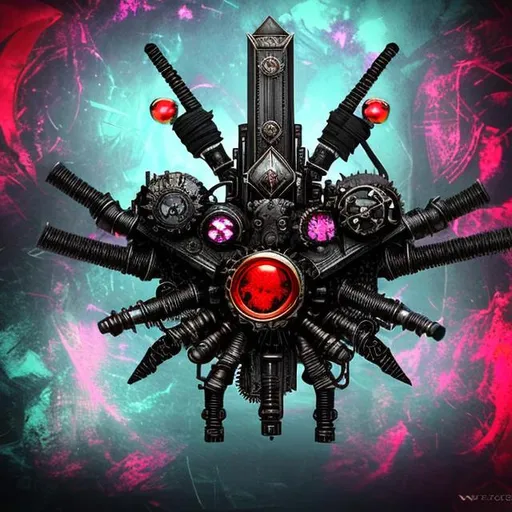 Prompt: steampunk spider, black metal, black robotic parts, violent red ruby power source, powered by gem, gem power source, steam punk, eight legs,  8 legs, spider body, pointed legs, spider legs, spider head, gem implanted in center, fangs, big pointed legs, glowing eyes, glowing blue spider eyes, blue eyes