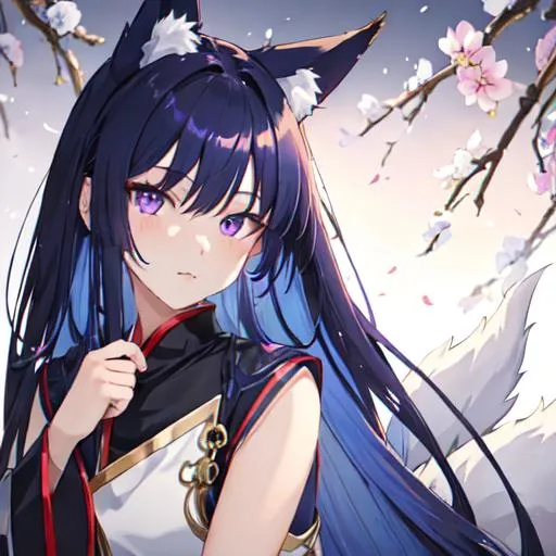 Prompt: male kitsune, long dark blue hair, purple eyes, fox ears downcast, playful look, portrait,