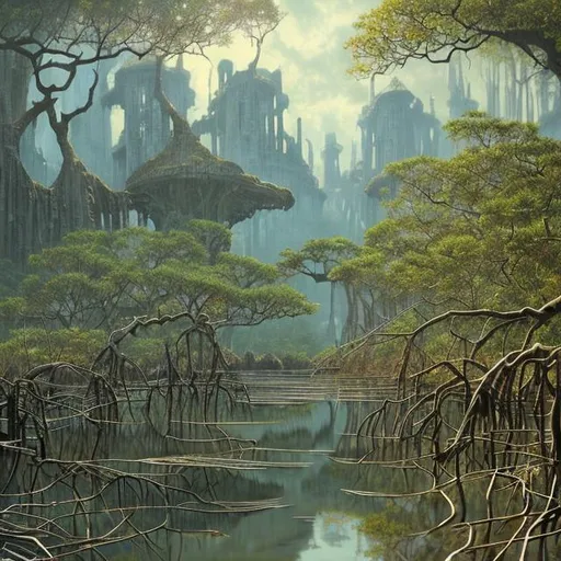 Prompt: Landscape painting, mangrove, ancient, sunken building, dull colors, danger, fantasy art, by Hiro Isono, by Luigi Spano, by John Stephens