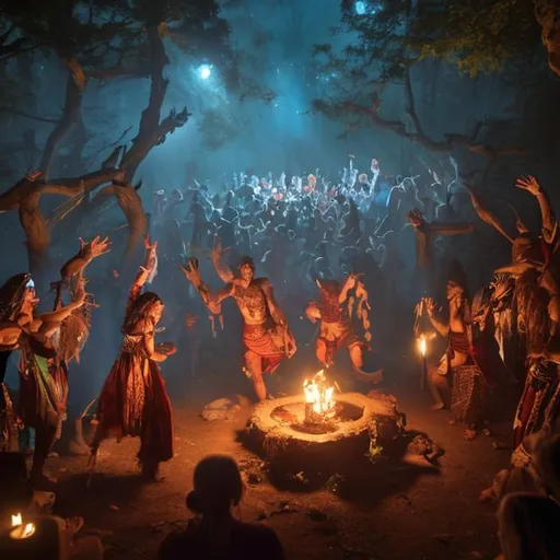 Prompt: A shamanic ritual at night in the woods,  lot of dancing people,  d&d, 8k, high quility, high detailed, 