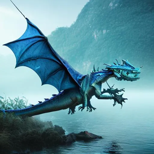 Prompt: flying water dragon, blue armor scales, mysterious fog lake background, hyper realistic, full body, chinese style, dragon head full of blue crystal scales and sharp horns