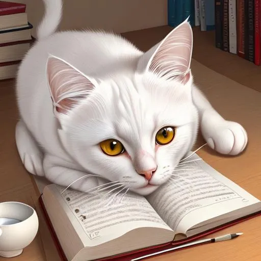 Prompt: Realistic drawing, a white cat with brown eyes, and a textbook in its paw, DeviantArt, Artstation