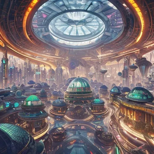 Prompt: futuristic busy enormous outer space domed city, interior, crowded, tourist shopping neighborhood, multiple levels, transit arrivals, rainbow mosaic glass roof, art nouveau, realistic details, photorealistic, 8k render, cinematic lighting, ultra detailed