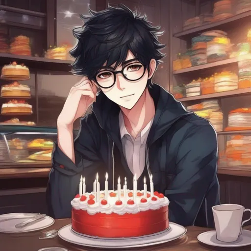 Prompt:   anime boy manhwa style cute and pretty, with eye pretty detailed,  slide of cake , with black hair, Bright style, Wear glasses, Detailed fingers