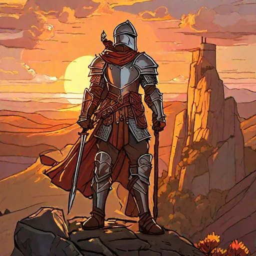 Prompt: A valiant fantasy soldier standing atop a hill, the sun setting behind them, a sword in one hand and a shield in the other.  He wears a fantasy helm on his head. d&d art. RPG art. Well Draw face, detailed. 2d. Dynamic pose. 