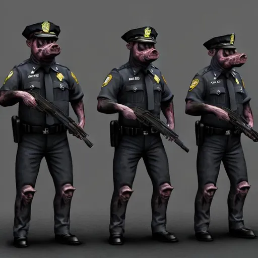 Prompt: Zombie humanoid pig-police in full uniforms.