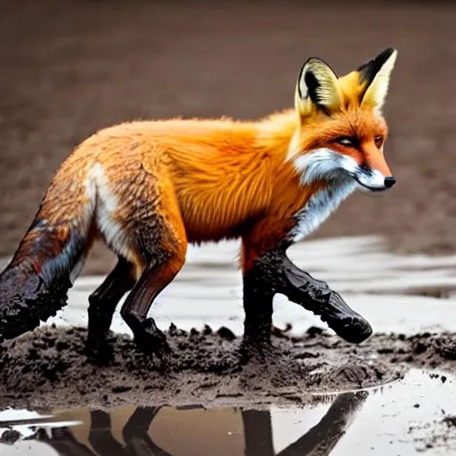 Prompt: fox playing in mud puddle