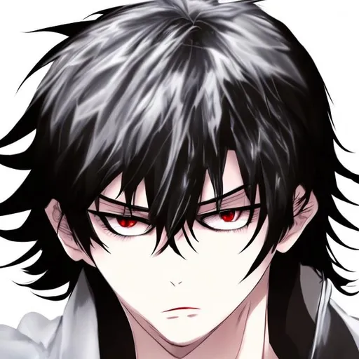 Prompt: Handsome anime boy with black medium hair A piece of his hair is white. yellow eyes sadistic and hot
