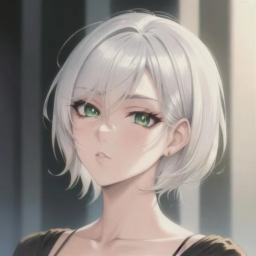 Prompt: 90s anime style, detailed, intricate face, portrait, detailed eyes, gentle tones, 90s tones, 1girl, beautiful woman, short hair, {{white hair}}, green eyes, black pupil's, 