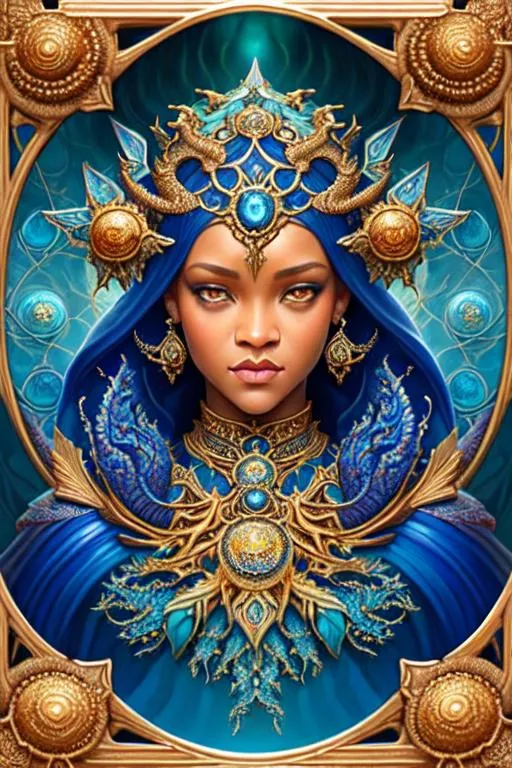 Prompt: symmetrical + ((rihanna)) + medium close up + sharpen details + fine detail + fine sharpen intricate lines of rendering + laced + tiamat + intricate + sea serpent + deep blue and obsidian colors + An ultra hd detailed painting of Dante's Inferno by android jones, earnst haeckel, james jean. behance contest winner, generative art, baroque, intricate patterns, fractalism, movie still, photorealistic