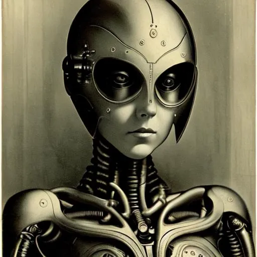 Prompt: Portrait photo of a beautiful female cyborg from 1920 early photography by  Giger in style of midjourney