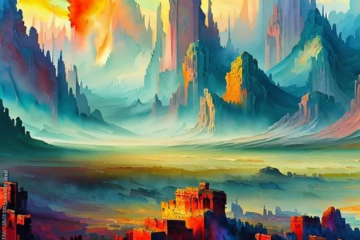 Prompt: Cinematic fantasy landscape in Gouache Style, Watercolor, Museum Epic Impressionist Maximalist Masterpiece, Thick Brush Strokes, Impasto Gouache, thick layers of gouache watercolors textured on Canvas, 8k Resolution, Matte Painting oil painting by James Gurney Abstract World