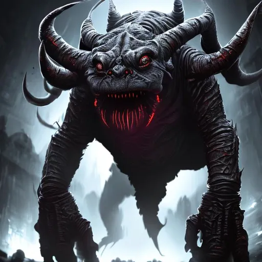 Prompt: monochrome, star wars rancor, spider eyes, glowing eyes, spider arms, many horns, demon