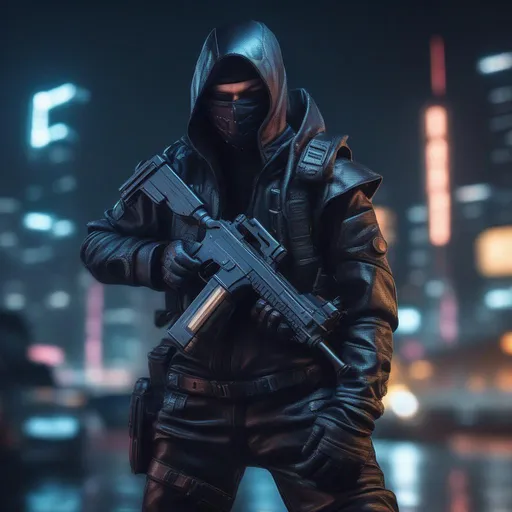 Prompt: A ultra realistic cyberpunk Ninja at night, complex build, a tired leather uniform, holding a Uzi. realistic photography