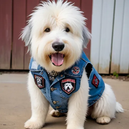 Prompt: Old English Sheepdog wearing a heavy metal music denim vest with patches