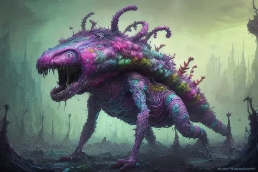 Prompt:  fungus creature , vibrant but gloomy, full epic shot, realistic art, illustration,  fantasy, dystopian, hyper detailed, concept art, smooth, sharp focus, vibrant color background,  spores