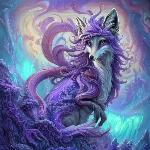 Prompt: masterpiece:1.5, detailed oil painting, insanely detailed, Best Quality:1.5) insanely beautiful wise vixen fox, ageless, ice elemental, lavender pelt, (veiled in auroras), psychedelic colors, (calm hypnotic eyes gleaming amethyst-violet), calm regal smile, stands majestically on a celestial mountain, gorgeous frosted silver mane, insanely detailed fur, insanely detailed eyes, insanely detailed face, slender, (magic violet highlights in fur), crackling lightning, ice storm, (lightning halo), tilted halo, lightning charged atmosphere, enchanting moonlight beaming through clouds, 64K