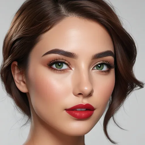 Prompt: Hyper-detailed, hyper-realistic, photorealistic composite face, heart-shaped head, almond-shaped green eyes, slim nose, arched eyebrows, mid-back dark, wavy, auburn hair with volume, elegantly styled, youthful, tanned complexion, Full lips with red lipstick, minimal eye shadow, Side view (Profile)
 symmetrical, best quality, highres, ultra-detailed, photorealistic, detailed eyes, professional, realistic lighting