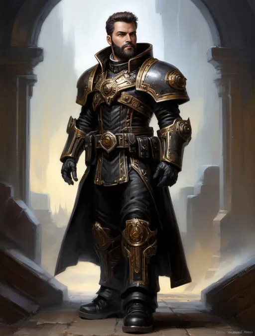 Prompt: full-body oil painting of male warhammer 40k psyker, short brown thick hair and full beard, worry lines, dark tones, (warhammer 40k psyker), black duster, dark black gunmetal gear and clothing color, gunmetal hi-tech psyker epaulets and bracers, gunmetal hi-tech psyker breastplate chest plate, confident epic standing pose, (highly detailed piercing brown eyes), highly detialed facial features, utility pouches attached to belt, high gothic fantasy, imperium of man, 19th century impressionism brushwork, under-lit up-lit face, black gloves, painterly, black heavy-sole boots, black riding pants, soft highlights, black gaiters, ((psyker)), wh40k highly detailed hands, painted, art, illustrated, 