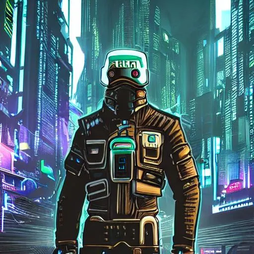 Prompt: A really cool looking bounty hunter in a cyberpunk cityscape
