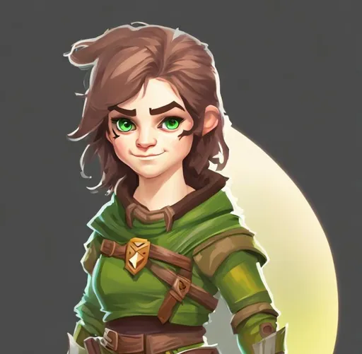 Prompt: young female halfling, rogue , short hair, green eyes, stylized
