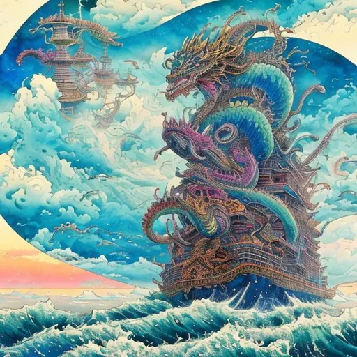 Prompt:  Mid Journey while tripping on LSD paints A Dragon ship, a beautiful japanese watercolor painting of a an ornate sea vessel, dragon-ship, ultra colorful, intricate, vivid hallucinated painting,  and ultra detailed sailing the open sea in style of Yamato-e and Mid Journey