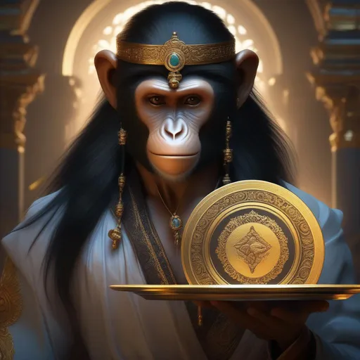 Prompt: HDR, UHD, high res, 64k, cinematic lighting, super detailed fantasy art. a Monkey Servant with long black hair and ponytail, holding a golden plate over his head. perfect hands, 