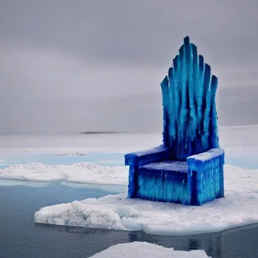 Prompt: cool colors, throne made of ice, realistic,  melting, ice floor