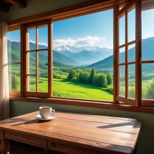 Prompt: Staggering nature view from the house window along with coffee mug on the table that is giving striking "look" to its viewers