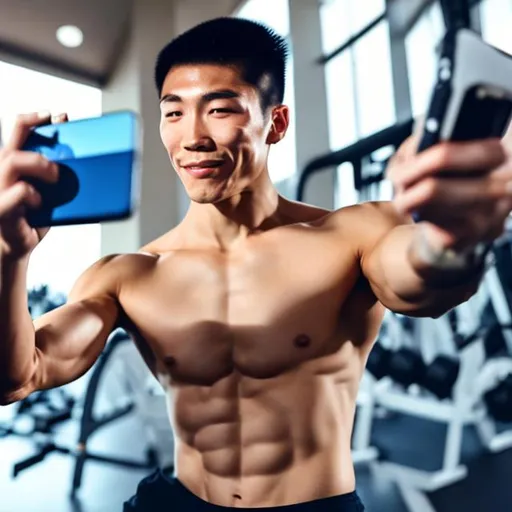 Prompt: a megachad japanese fit guy using a luxury watch in a speedo taking a selfie at the gym   