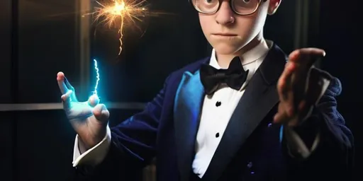 Prompt: 13 year old boy in a tuxedo casting a crazy magic spell from the outside of a bathroom stall with his magic wand, but the spell he cast happens on the inside of the bathroom stall because he cast the spell on the inside 