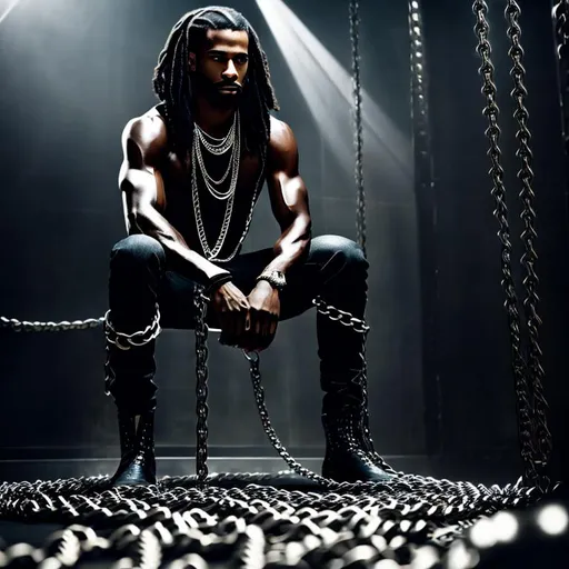 Prompt: Full length Beautiful low cut wavey  hair black man sitting down wrapped in big heavy metal slave chains, handcuffs cinematic lighting, realistic, super detailed, confident