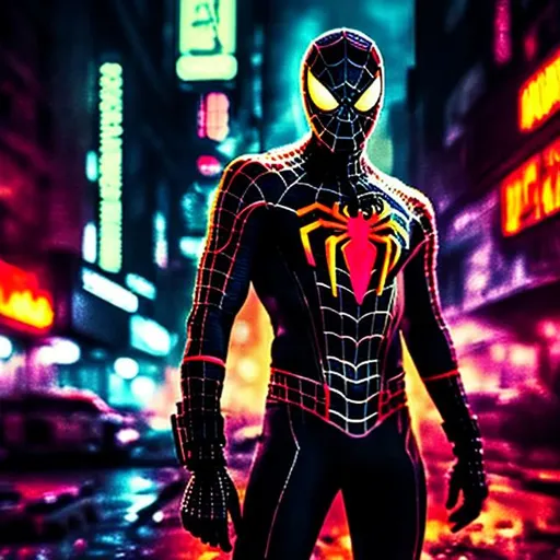 Prompt: 4k. Gritty Todd McFarlane style black and neon Spiderman. Full body. Gritty, futuristic army-trained villain. Bloody. Hurt. Damaged. Accurate. realistic. evil eyes. Slow exposure. Detailed. Dirty. Dark and gritty. Post-apocalyptic Neo Tokyo .Futuristic. Shadows. Armed. Fanatic. Intense. 