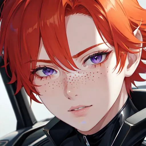 Prompt: Erikku male (short ginger hair, freckles, right eye blue left eye purple) muscular, riding a motorcycle. UHD, 8K, Highly detailed, close up shot of the motorcycle, insane detail, best quality, high quality