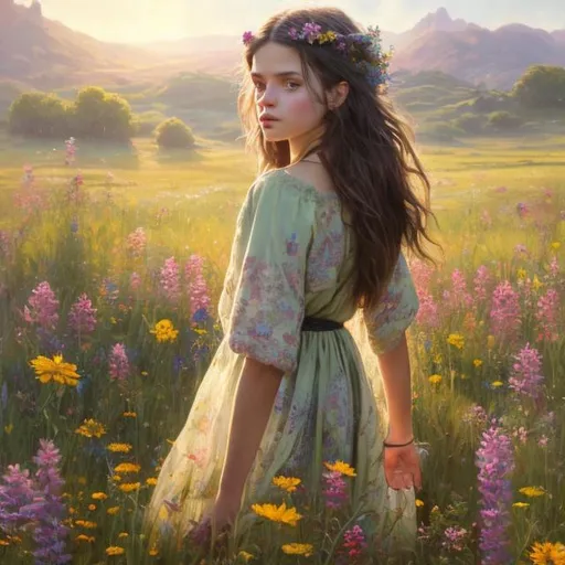 Prompt: 4k, highly detailed, realistic oil painting of a girl with black hair and piercing green eyes, walking through a sunlit field of wildflowers, flowing dress with intricate floral patterns, warm and vibrant color palette, natural sunlight casting soft shadows, realistic, oil painting, detailed flora, serene atmosphere, green-eyed girl, flowing dress, natural light, vibrant colors, idyllic scenery