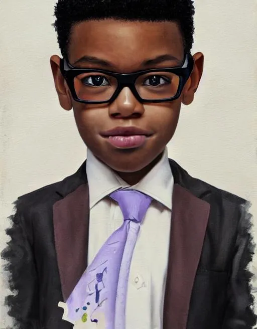 Prompt: a painting of a boy with glasses and a tie, nerdy black boy super hero, black anime manga boy, a hyperrealistic schoolboy.. hyperrealistic schoolgirl, realistic schoolboy, black anime pupils in his eyes, art style of noel coypel, trending on character design, animated character