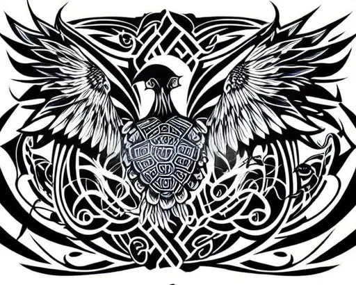 Prompt: Tattoo vector design. Raven with feathered wings. Alchemy symbols. World turtle. using blue and white and black. Vector art, simple thick lines.  correct perspective. 
