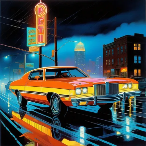 Prompt: 1970s, Detroit at night, neon, car chase, rain, fog, cold blue atmosphere, cartoony style, extremely detailed painting by Greg Rutkowski and by Henry Justice Ford and by Steve Henderson 

