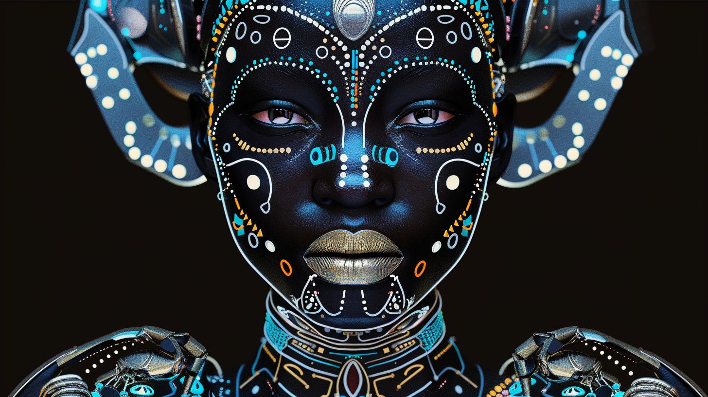 Prompt: a woman is wearing a futuristic costume, in the style of highly detailed realism, android jones, traditional african art, dark silver and light black, robotics kids, intense gaze, vibrant colorism